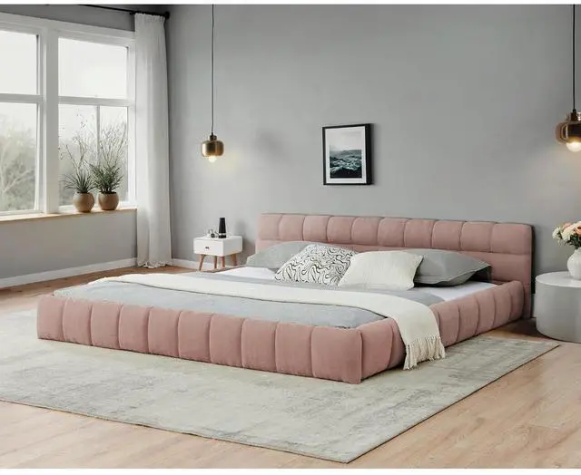 Main image of California King Floor Bed Frame, Chenille Upholstered Platform Bed with Thick Headboard, Tufted Grounded King Bed with Solid Wooden Slats, No Box Spring Needed, Pink