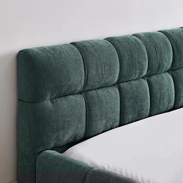 Alt view image 5 of 7 - Queen Size Chenille Upholsted Bed Frame with Tufted Heaboard, Soft Cloud Platform Bed with Low Profile, Queen Floor Bed with Solid Wooden Slats, No Box Spring Needed, Blue-Green