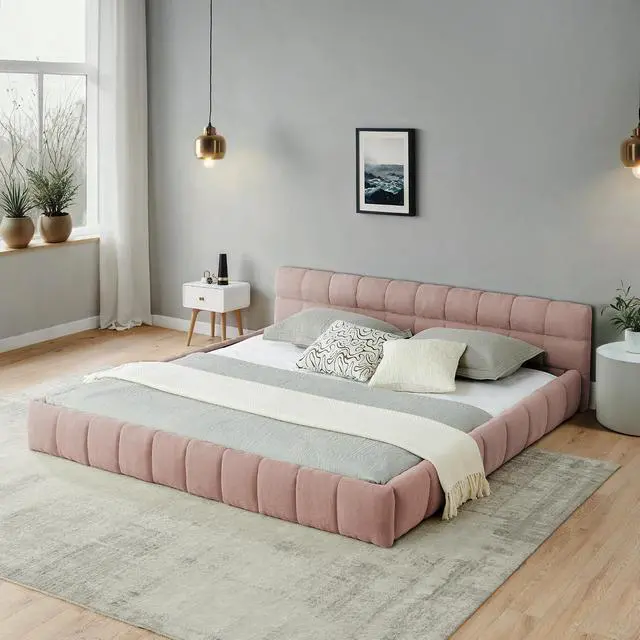 Alt view image 3 of 7 - California King Floor Bed Frame, Chenille Upholstered Platform Bed with Thick Headboard, Tufted Grounded King Bed with Solid Wooden Slats, No Box Spring Needed, Pink