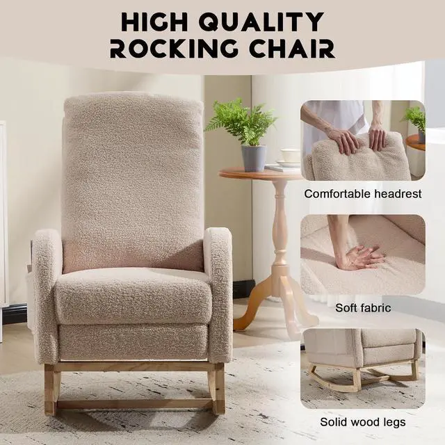 Alt view image 6 of 7 - Rocking Chair with Footrest, Teddy Upholstered Nursery Glider with Adjustable High Backrest and Solid Wood Legs, Accent Living Room Armchair with Side Pockets, Comfy Reading Lounger, Beige