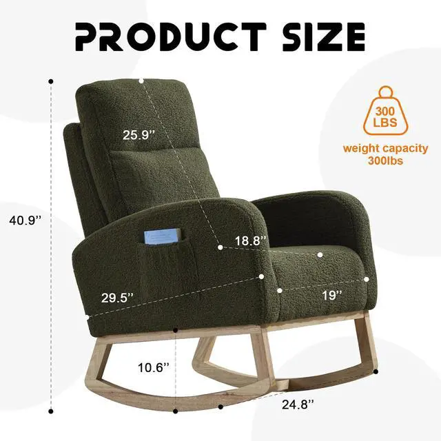 Alt view image 2 of 7 - Rocking Chair with Adjustable High Backrest, Teddy Upholstered Nursery Glider with Solid Wood Legs, Accent Living Room Armchair with Side Pocket, Comfy Reading Lounger, Green