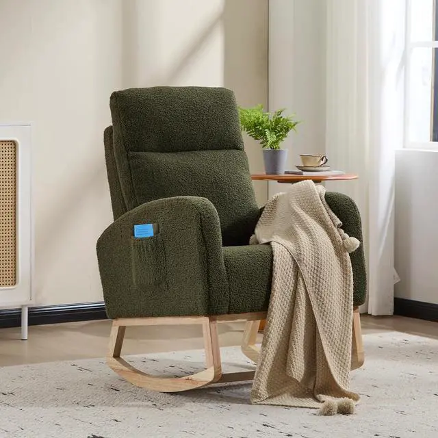 Main image of Rocking Chair with Adjustable High Backrest, Teddy Upholstered Nursery Glider with Solid Wood Legs, Accent Living Room Armchair with Side Pocket, Comfy Reading Lounger, Green