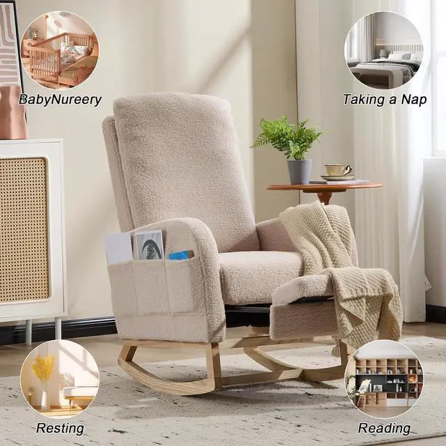 Alt view image 7 of 7 - Rocking Chair with Footrest, Teddy Upholstered Nursery Glider with Adjustable High Backrest and Solid Wood Legs, Accent Living Room Armchair with Side Pockets, Comfy Reading Lounger, Beige