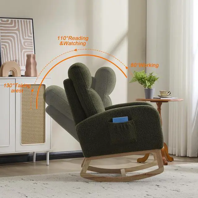 Alt view image 4 of 7 - Rocking Chair with Adjustable High Backrest, Teddy Upholstered Nursery Glider with Solid Wood Legs, Accent Living Room Armchair with Side Pocket, Comfy Reading Lounger, Green