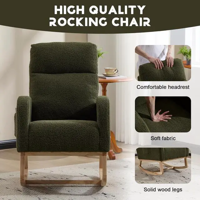 Alt view image 3 of 7 - Rocking Chair with Adjustable High Backrest, Teddy Upholstered Nursery Glider with Solid Wood Legs, Accent Living Room Armchair with Side Pocket, Comfy Reading Lounger, Green
