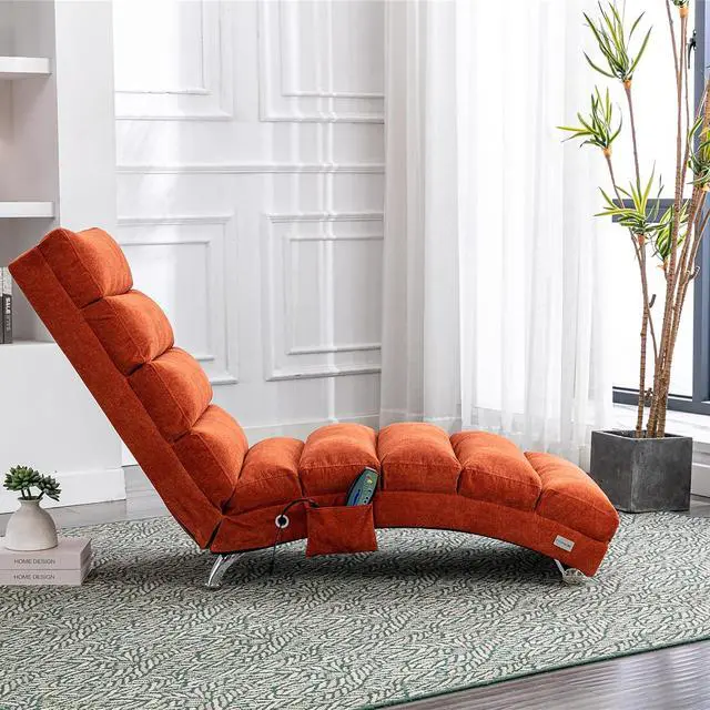 Alt view image 4 of 7 - Chaise Lounge Chair Indoor,Massage Chaise Lounge with Remote Control,Electric Massage Floor Chair,Modern Long Lounger with 5 Modes, Chaise Lounge Sofa for Office, Living Room,Bedroom,Linen,Orange
