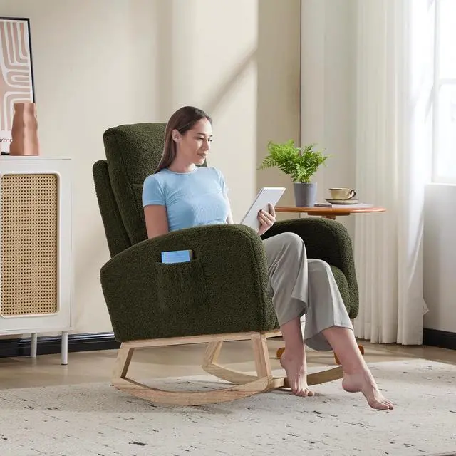 Alt view image 6 of 7 - Rocking Chair with Adjustable High Backrest, Teddy Upholstered Nursery Glider with Solid Wood Legs, Accent Living Room Armchair with Side Pocket, Comfy Reading Lounger, Green