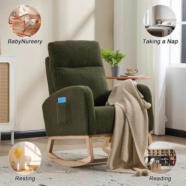 Alt view image 7 of 7 - Rocking Chair with Adjustable High Backrest, Teddy Upholstered Nursery Glider with Solid Wood Legs, Accent Living Room Armchair with Side Pocket, Comfy Reading Lounger, Green