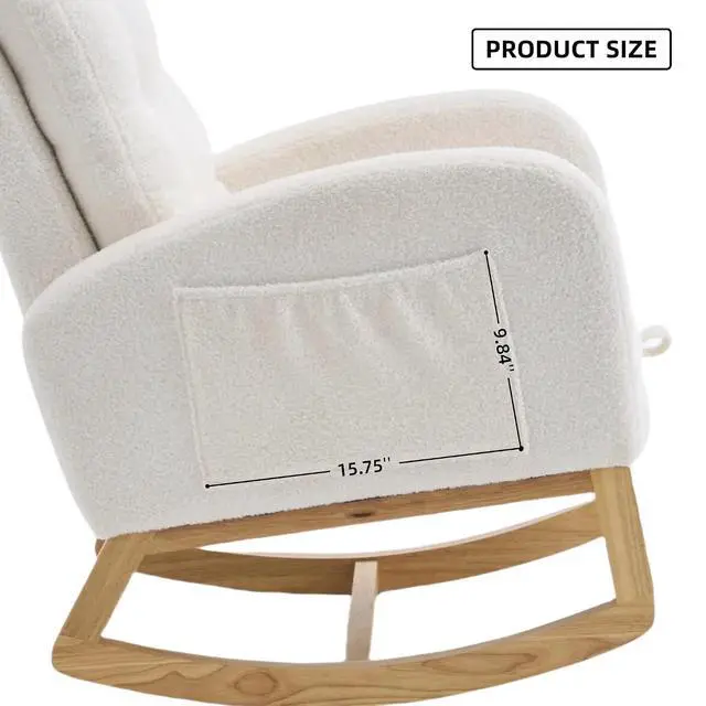 Alt view image 4 of 7 - Plush High-Back Rocker Recliner, Teddy Fabric Accent Rocking Chair with Footrest, Glider Nursery Chair with Rubber Wood Legs, Lounger for Nursery, Bedroom, Living Room, Cream White