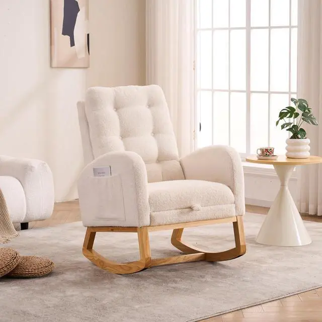 Alt view image 6 of 7 - Plush High-Back Rocker Recliner, Teddy Fabric Accent Rocking Chair with Footrest, Glider Nursery Chair with Rubber Wood Legs, Lounger for Nursery, Bedroom, Living Room, Cream White