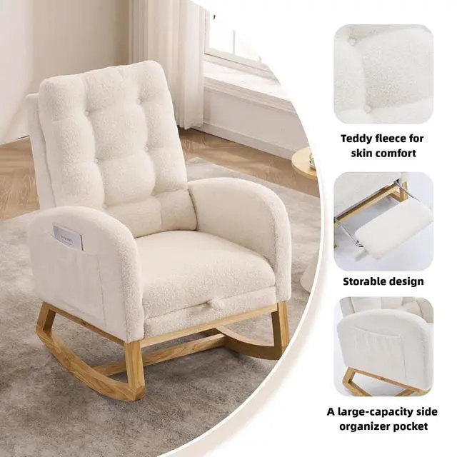 Alt view image 5 of 7 - Plush High-Back Rocker Recliner, Teddy Fabric Accent Rocking Chair with Footrest, Glider Nursery Chair with Rubber Wood Legs, Lounger for Nursery, Bedroom, Living Room, Cream White