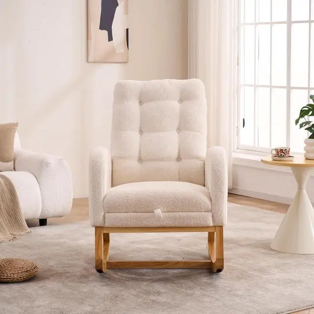 Alt view image 7 of 7 - Plush High-Back Rocker Recliner, Teddy Fabric Accent Rocking Chair with Footrest, Glider Nursery Chair with Rubber Wood Legs, Lounger for Nursery, Bedroom, Living Room, Cream White