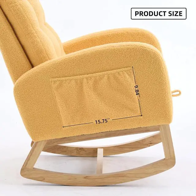 Alt view image 4 of 7 - Plush High-Back Rocker Recliner, Teddy Fabric Accent Rocking Chair with Footrest, Glider Nursery Chair with Rubber Wood Legs, Lounger for Nursery, Bedroom, Living Room, Orange