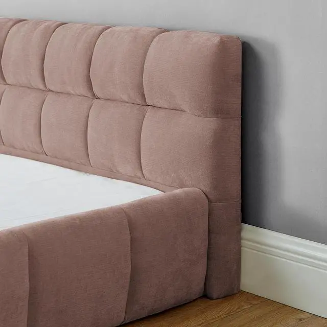 Alt view image 5 of 7 - California King Floor Bed Frame, Chenille Upholstered Platform Bed with Thick Headboard, Tufted Grounded King Bed with Solid Wooden Slats, No Box Spring Needed, Pink