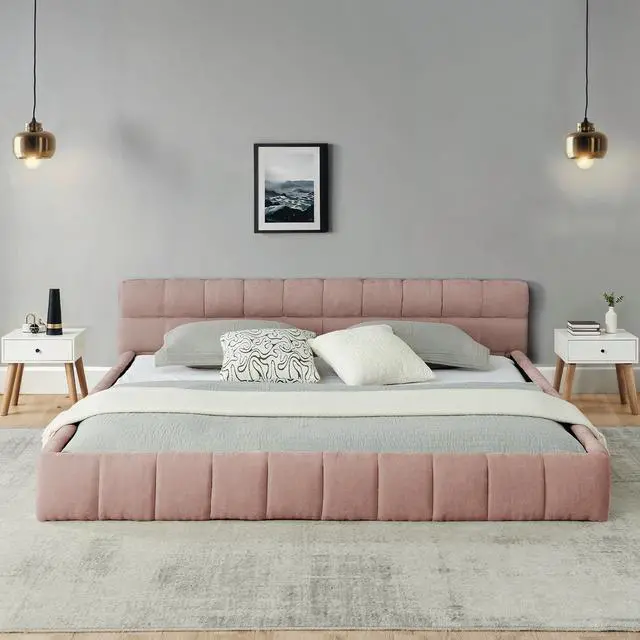 Alt view image 4 of 7 - California King Floor Bed Frame, Chenille Upholstered Platform Bed with Thick Headboard, Tufted Grounded King Bed with Solid Wooden Slats, No Box Spring Needed, Pink