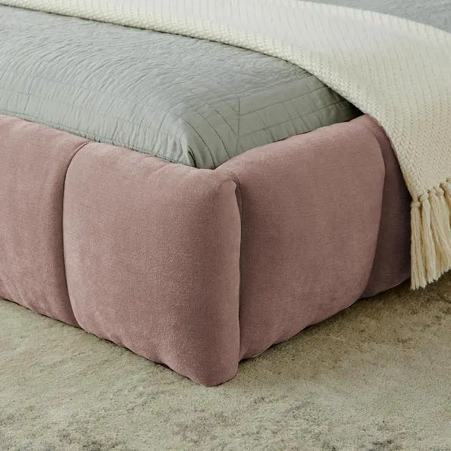 Alt view image 6 of 7 - California King Floor Bed Frame, Chenille Upholstered Platform Bed with Thick Headboard, Tufted Grounded King Bed with Solid Wooden Slats, No Box Spring Needed, Pink