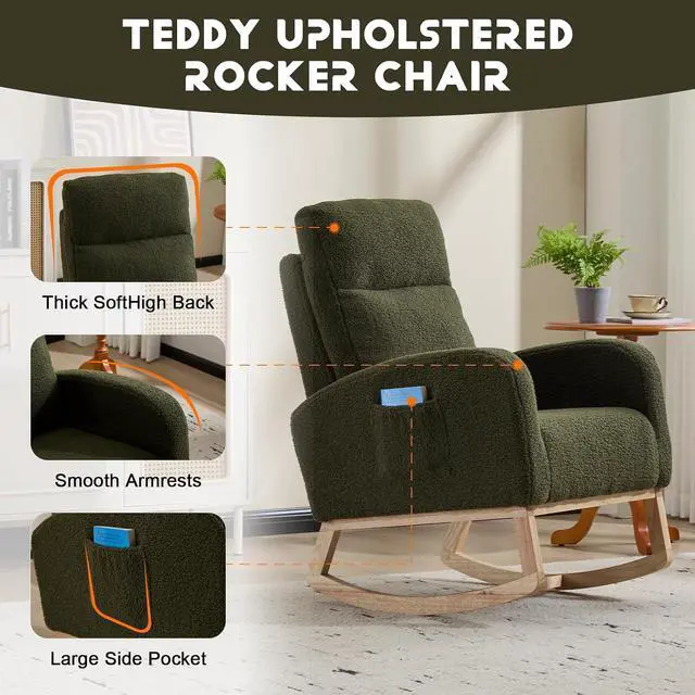 Alt view image 5 of 7 - Rocking Chair with Adjustable High Backrest, Teddy Upholstered Nursery Glider with Solid Wood Legs, Accent Living Room Armchair with Side Pocket, Comfy Reading Lounger, Green