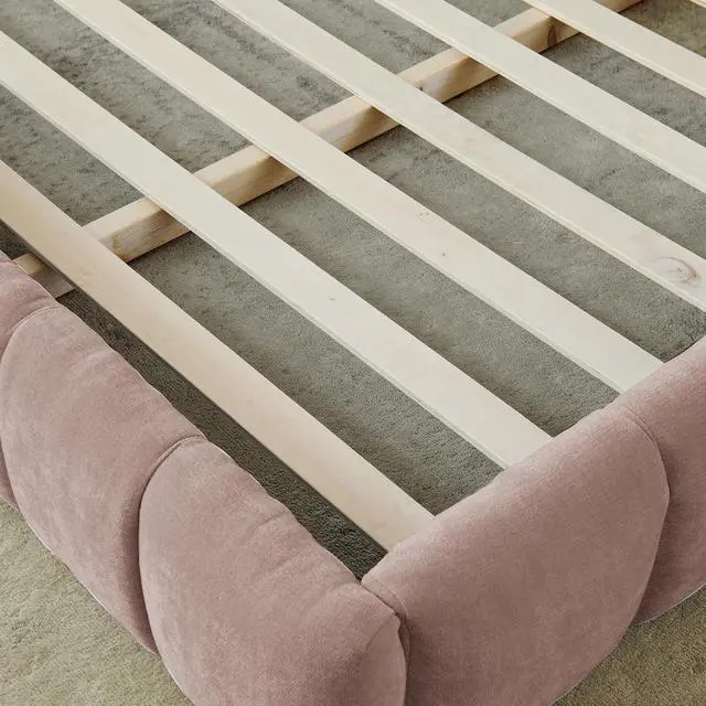 Alt view image 7 of 7 - California King Floor Bed Frame, Chenille Upholstered Platform Bed with Thick Headboard, Tufted Grounded King Bed with Solid Wooden Slats, No Box Spring Needed, Pink