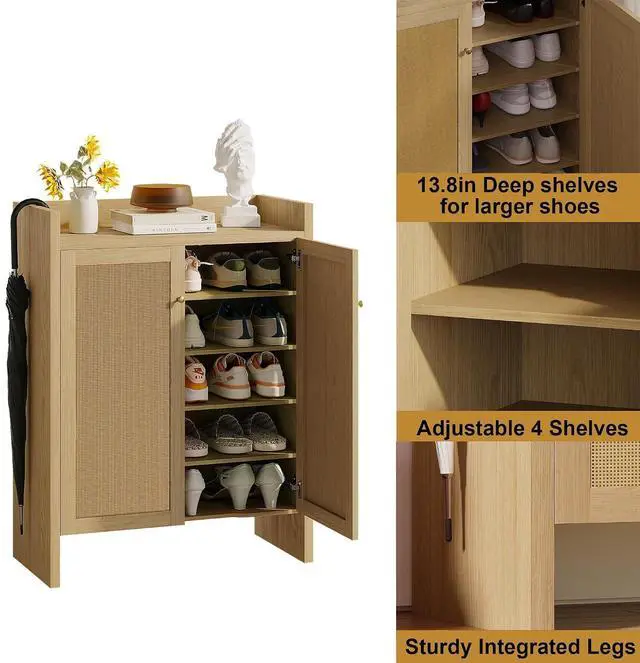 Alt view image 5 of 7 - 6-Tier Shoe Storage Cabinet with Rattan Doors, Shoe Rack with Adjustable Shelves and Bottom Storage Area, Freestanding Wooden Shoe Organizer for Entryway,Hallway,Living Room, Natural