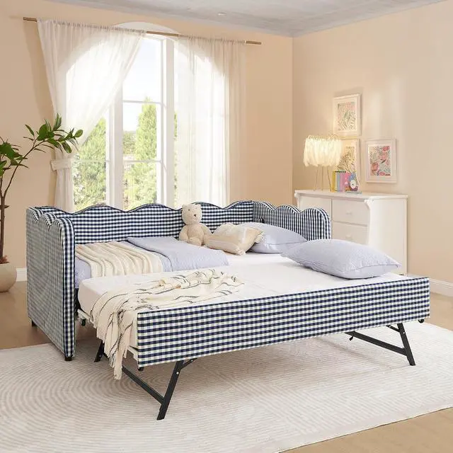 Alt view image 3 of 7 - Gingham Twin Daybed with Trundle, Twin to King Bed with USB Port and Adorable Wave Shaped, Linen Upholstered Daybed Frame, Corner Sofa Bed, No Box Spring Needed, Navy