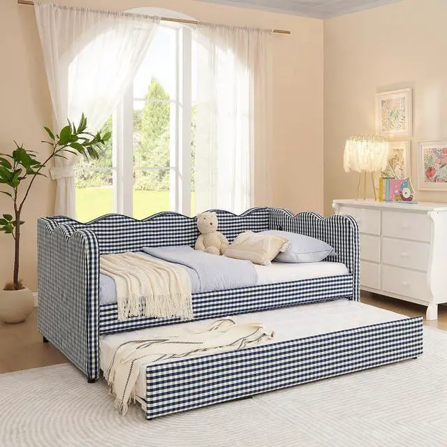 Alt view image 4 of 7 - Gingham Twin Daybed with Trundle, Twin to King Bed with USB Port and Adorable Wave Shaped, Linen Upholstered Daybed Frame, Corner Sofa Bed, No Box Spring Needed, Navy