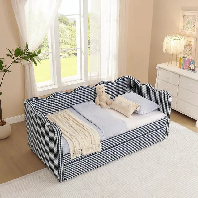 Alt view image 5 of 7 - Gingham Twin Daybed with Trundle, Twin to King Bed with USB Port and Adorable Wave Shaped, Linen Upholstered Daybed Frame, Corner Sofa Bed, No Box Spring Needed, Navy