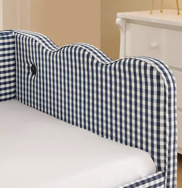 Alt view image 6 of 7 - Gingham Twin Daybed with Trundle, Twin to King Bed with USB Port and Adorable Wave Shaped, Linen Upholstered Daybed Frame, Corner Sofa Bed, No Box Spring Needed, Navy