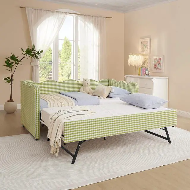 Alt view image 3 of 7 - Gingham Twin Daybed with Trundle, Twin to King Bed with USB Port and Adorable Wave Shaped, Linen Upholstered Daybed Frame, Corner Sofa Bed, No Box Spring Needed, Green