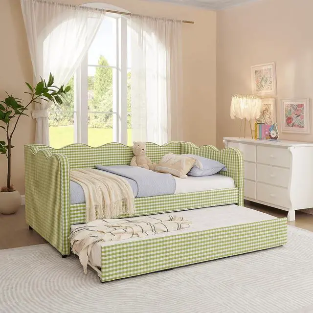 Alt view image 4 of 7 - Gingham Twin Daybed with Trundle, Twin to King Bed with USB Port and Adorable Wave Shaped, Linen Upholstered Daybed Frame, Corner Sofa Bed, No Box Spring Needed, Green