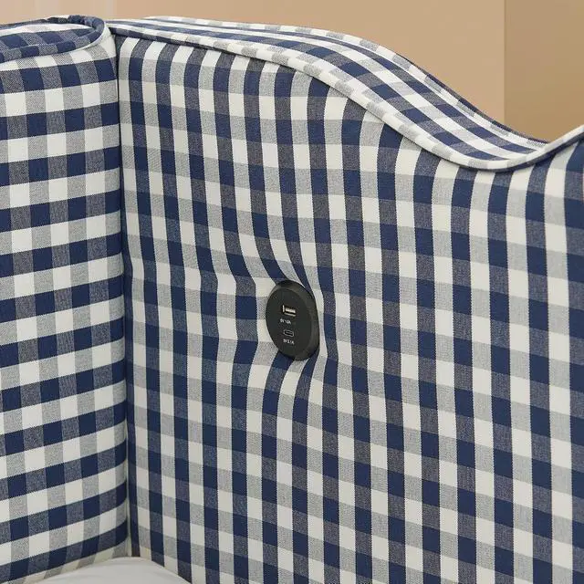 Alt view image 7 of 7 - Gingham Twin Daybed with Trundle, Twin to King Bed with USB Port and Adorable Wave Shaped, Linen Upholstered Daybed Frame, Corner Sofa Bed, No Box Spring Needed, Navy