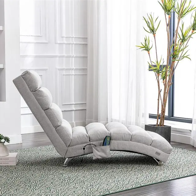 Alt view image 4 of 7 - Chaise Lounge Chair Indoor,Massage Chaise Lounge with Remote Control,Electric Massage Floor Chair,Modern Long Lounger with 5 Modes, Chaise Lounge Sofa for Office, Living Room,Bedroom,Linen,Light Gray