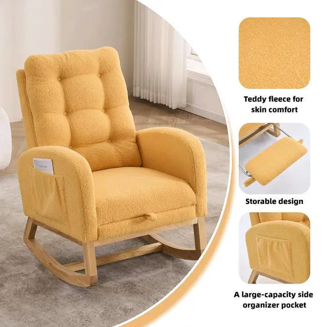 Alt view image 5 of 7 - Plush High-Back Rocker Recliner, Teddy Fabric Accent Rocking Chair with Footrest, Glider Nursery Chair with Rubber Wood Legs, Lounger for Nursery, Bedroom, Living Room, Orange