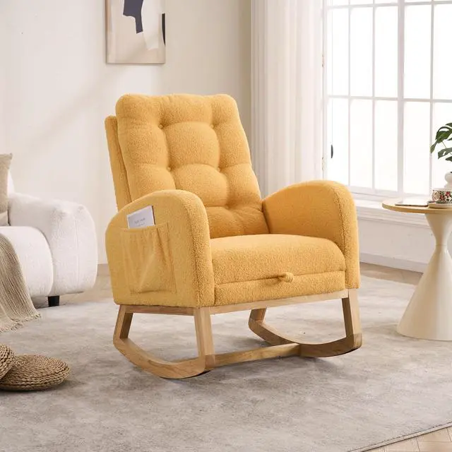 Alt view image 6 of 7 - Plush High-Back Rocker Recliner, Teddy Fabric Accent Rocking Chair with Footrest, Glider Nursery Chair with Rubber Wood Legs, Lounger for Nursery, Bedroom, Living Room, Orange