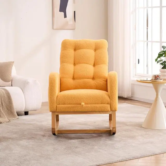 Alt view image 7 of 7 - Plush High-Back Rocker Recliner, Teddy Fabric Accent Rocking Chair with Footrest, Glider Nursery Chair with Rubber Wood Legs, Lounger for Nursery, Bedroom, Living Room, Orange