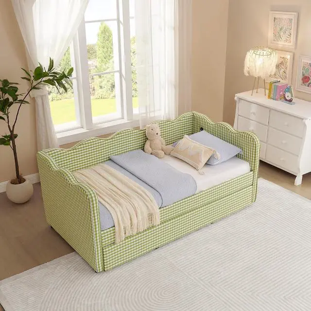 Alt view image 5 of 7 - Gingham Twin Daybed with Trundle, Twin to King Bed with USB Port and Adorable Wave Shaped, Linen Upholstered Daybed Frame, Corner Sofa Bed, No Box Spring Needed, Green