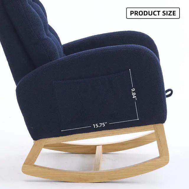 Alt view image 3 of 7 - Plush High-Back Rocker Recliner, Teddy Fabric Accent Rocking Chair with Footrest, Glider Nursery Chair with Rubber Wood Legs, Lounger for Nursery, Bedroom, Living Room, Blue