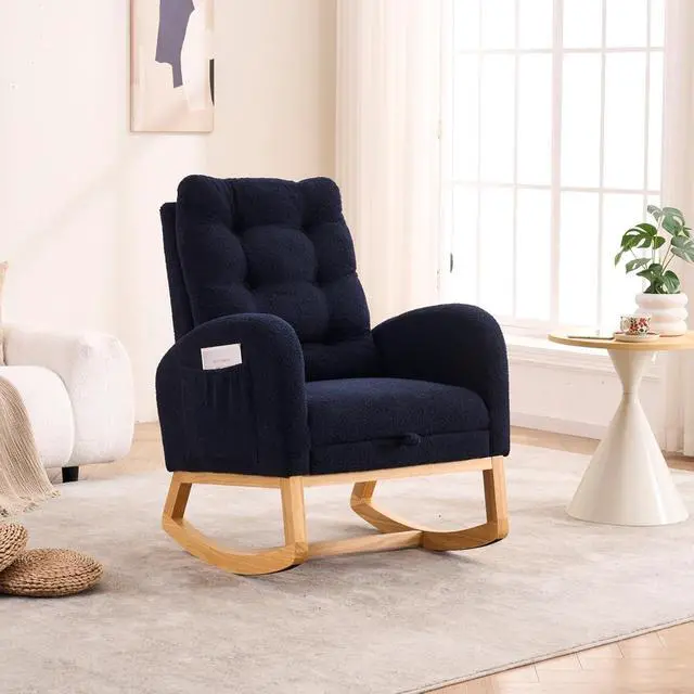 Alt view image 6 of 7 - Plush High-Back Rocker Recliner, Teddy Fabric Accent Rocking Chair with Footrest, Glider Nursery Chair with Rubber Wood Legs, Lounger for Nursery, Bedroom, Living Room, Blue