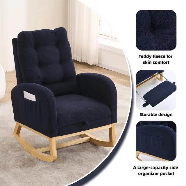 Alt view image 5 of 7 - Plush High-Back Rocker Recliner, Teddy Fabric Accent Rocking Chair with Footrest, Glider Nursery Chair with Rubber Wood Legs, Lounger for Nursery, Bedroom, Living Room, Blue