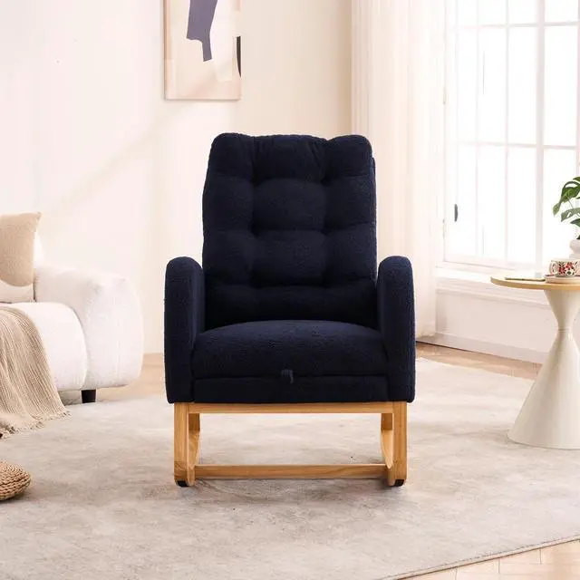 Alt view image 7 of 7 - Plush High-Back Rocker Recliner, Teddy Fabric Accent Rocking Chair with Footrest, Glider Nursery Chair with Rubber Wood Legs, Lounger for Nursery, Bedroom, Living Room, Blue
