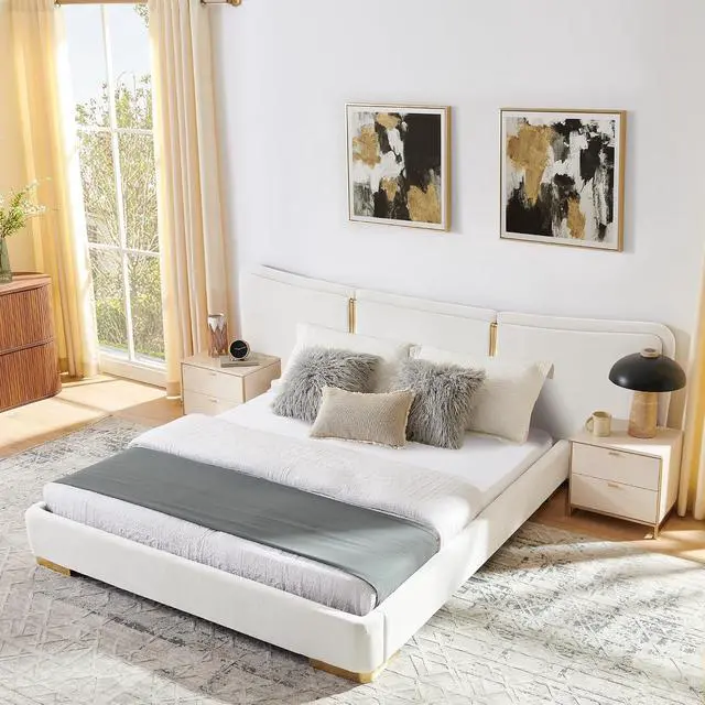 Alt view image 2 of 7 - Queen Size Platform Bed with Wide Headboard, Soft Chenille Upholstered Bed Frame, Curved Headboard, Oversized Luxury Double Bedframe with Reinforced Electroplated Metal Legs, Beige