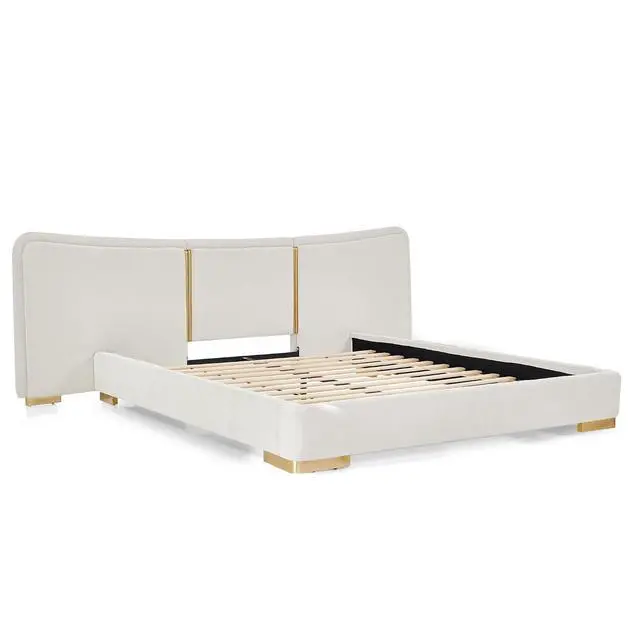 Alt view image 7 of 7 - Queen Size Platform Bed with Wide Headboard, Soft Chenille Upholstered Bed Frame, Curved Headboard, Oversized Luxury Double Bedframe with Reinforced Electroplated Metal Legs, Beige