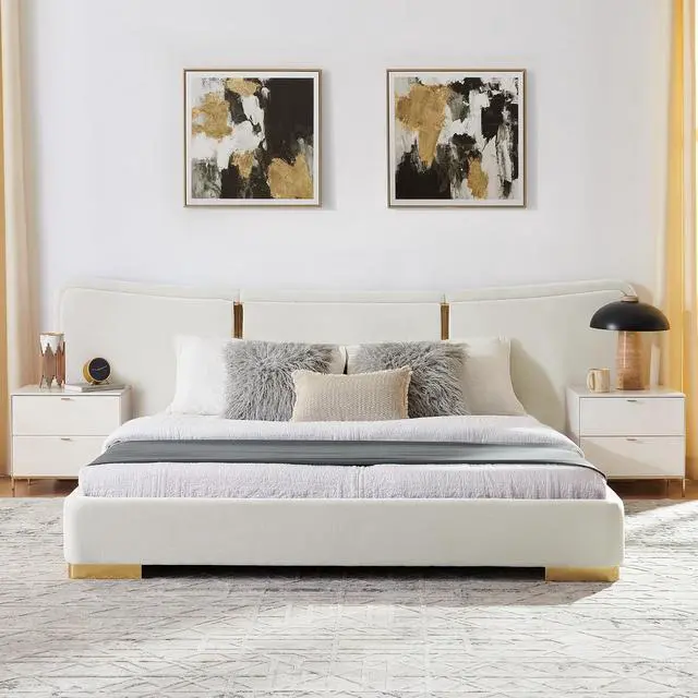 Alt view image 3 of 7 - Queen Size Platform Bed with Wide Headboard, Soft Chenille Upholstered Bed Frame, Curved Headboard, Oversized Luxury Double Bedframe with Reinforced Electroplated Metal Legs, Beige