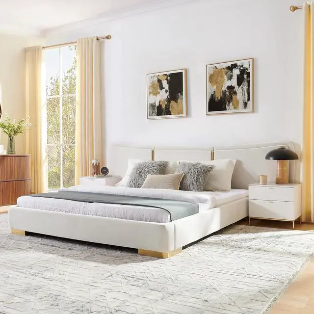 Main image of Queen Size Platform Bed with Wide Headboard, Soft Chenille Upholstered Bed Frame, Curved Headboard, Oversized Luxury Double Bedframe with Reinforced Electroplated Metal Legs, Beige
