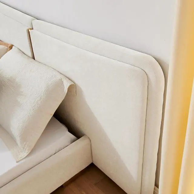 Alt view image 6 of 7 - Queen Size Platform Bed with Wide Headboard, Soft Chenille Upholstered Bed Frame, Curved Headboard, Oversized Luxury Double Bedframe with Reinforced Electroplated Metal Legs, Beige