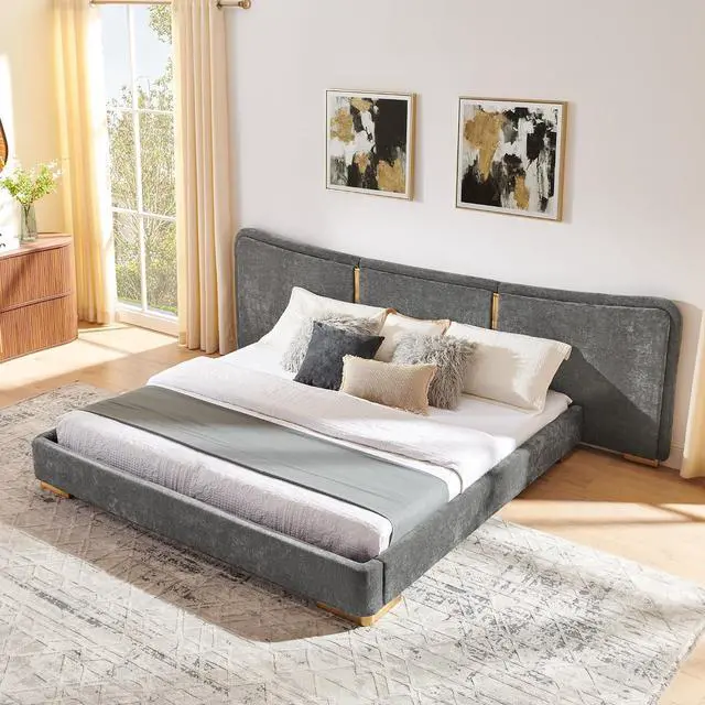 Alt view image 2 of 7 - King Size Platform Bed with Wide Headboard, Soft Chenille Upholstered Bed Frame, Curved Headboard, Oversized Luxury Double Bedframe with Reinforced Electroplated Metal Legs, Dark Gray