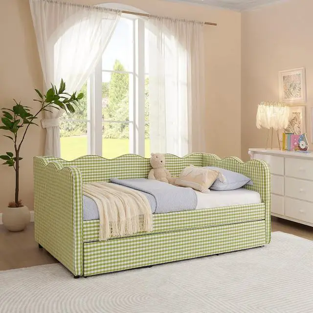 Alt view image 6 of 7 - Gingham Twin Daybed with Trundle, Twin to King Bed with USB Port and Adorable Wave Shaped, Linen Upholstered Daybed Frame, Corner Sofa Bed, No Box Spring Needed, Green