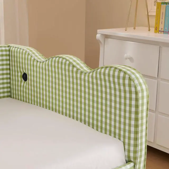 Alt view image 7 of 7 - Gingham Twin Daybed with Trundle, Twin to King Bed with USB Port and Adorable Wave Shaped, Linen Upholstered Daybed Frame, Corner Sofa Bed, No Box Spring Needed, Green
