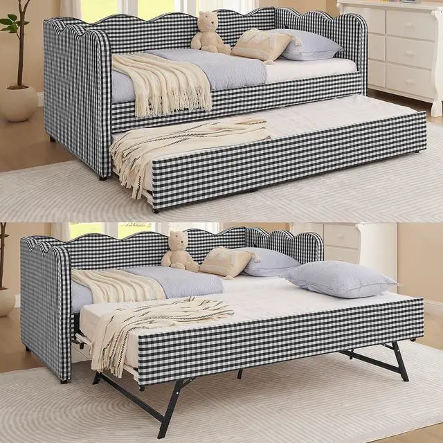 Main image of Gingham Twin Daybed with Trundle, Twin to King Bed with USB Port and Adorable Wave Shaped, Linen Upholstered Daybed Frame, Corner Sofa Bed, No Box Spring Needed, Black