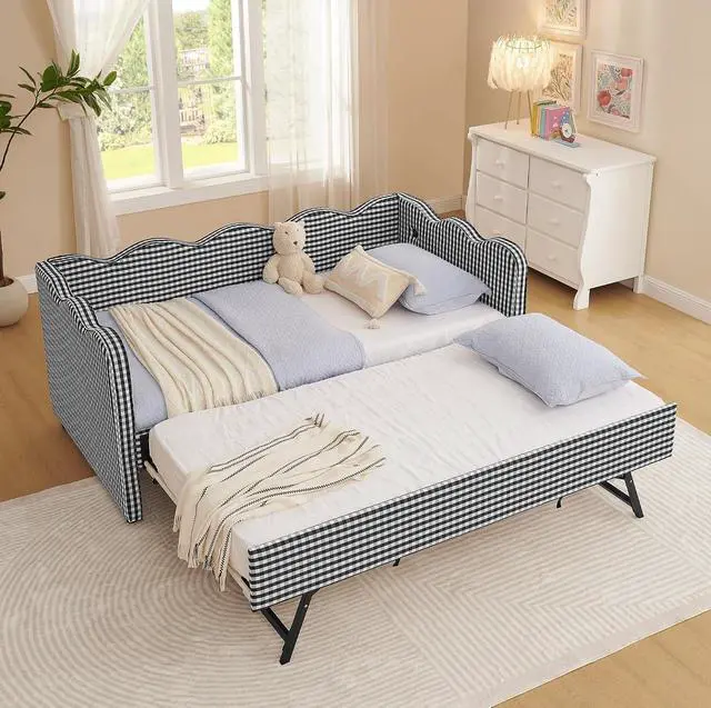 Alt view image 2 of 7 - Gingham Twin Daybed with Trundle, Twin to King Bed with USB Port and Adorable Wave Shaped, Linen Upholstered Daybed Frame, Corner Sofa Bed, No Box Spring Needed, Black