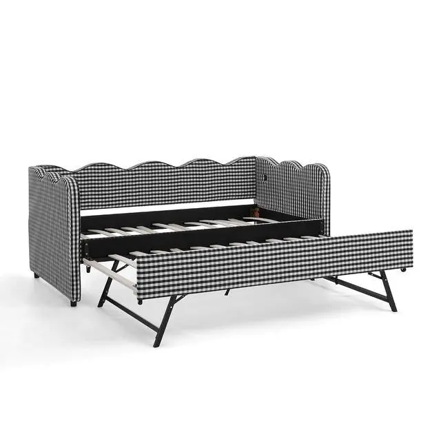 Alt view image 5 of 7 - Gingham Twin Daybed with Trundle, Twin to King Bed with USB Port and Adorable Wave Shaped, Linen Upholstered Daybed Frame, Corner Sofa Bed, No Box Spring Needed, Black